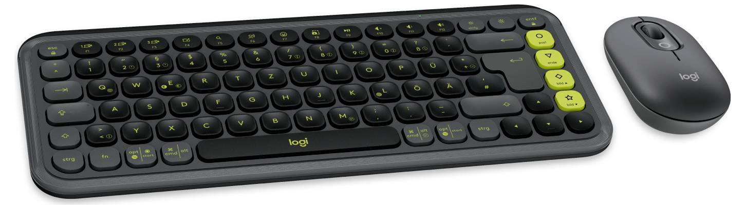 Trådløst sort tastatur og musesæt med gule accenter, velegnet til effektiv computerarbejde.