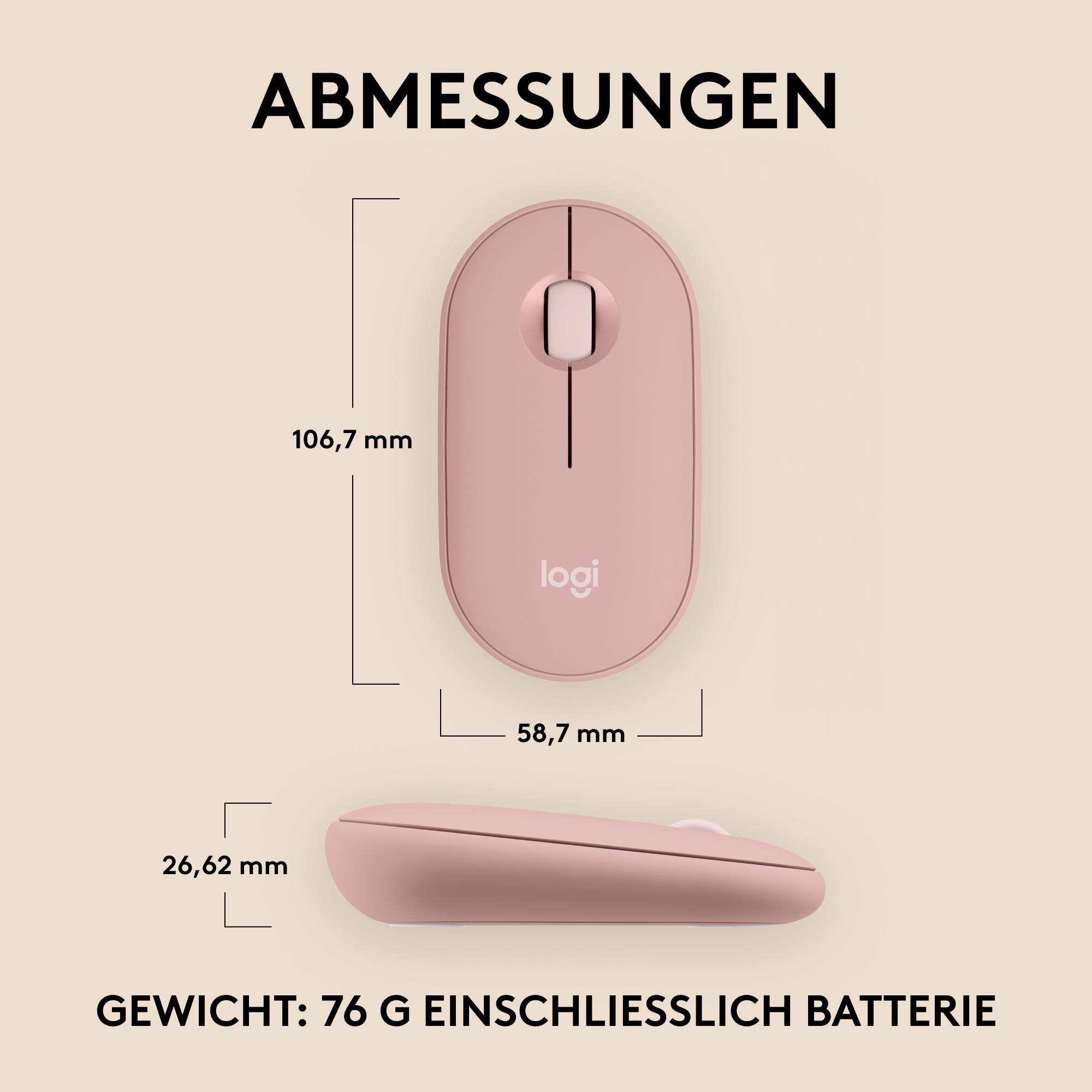 Dimensioner og visning af en lyserød mus med følgende mål: 106,7 mm høj, 58,7 mm bred. Vægt: 76 g inklusive batteri.