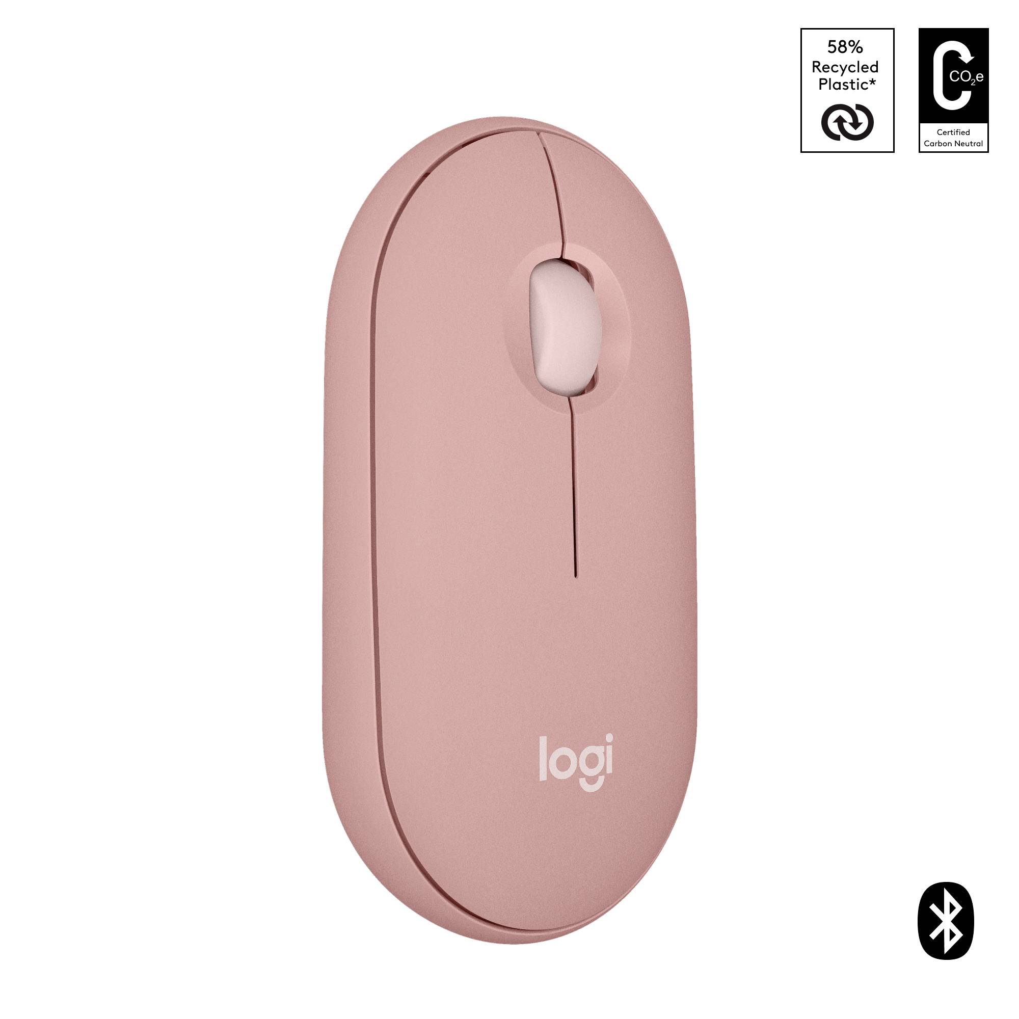 Trådløs, lyserød computermuse fra Logitech, fremstillet af 58% genanvendt plast, med Bluetooth-forbindelsesteknologi.