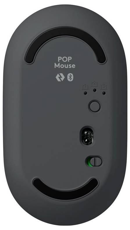 Bagsiden af en trådløs grå mus med påskriften 'POP Mouse', Bluetooth-symbol, batteristatus-indikatorer og tænd/sluk-knap.
