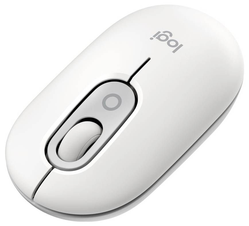 Hvid computermuse med to knapper og et scrollhjul, mærkelogo synligt øverst.