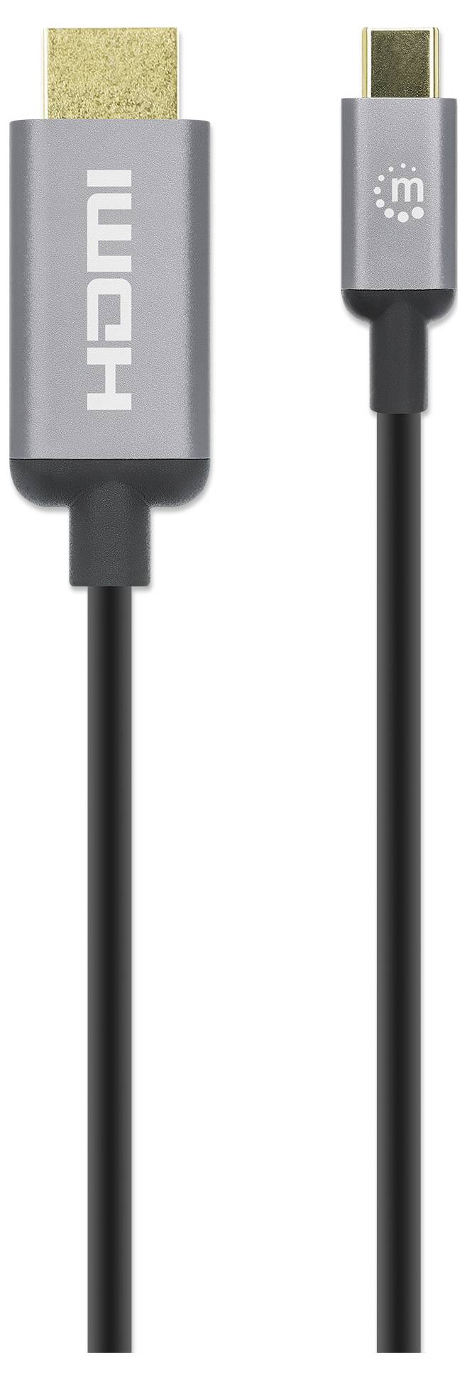 Et HDMI-til-USB-C-kabel med grå kappe og sort ledning, velegnet til forbindelse mellem computere og skærme.