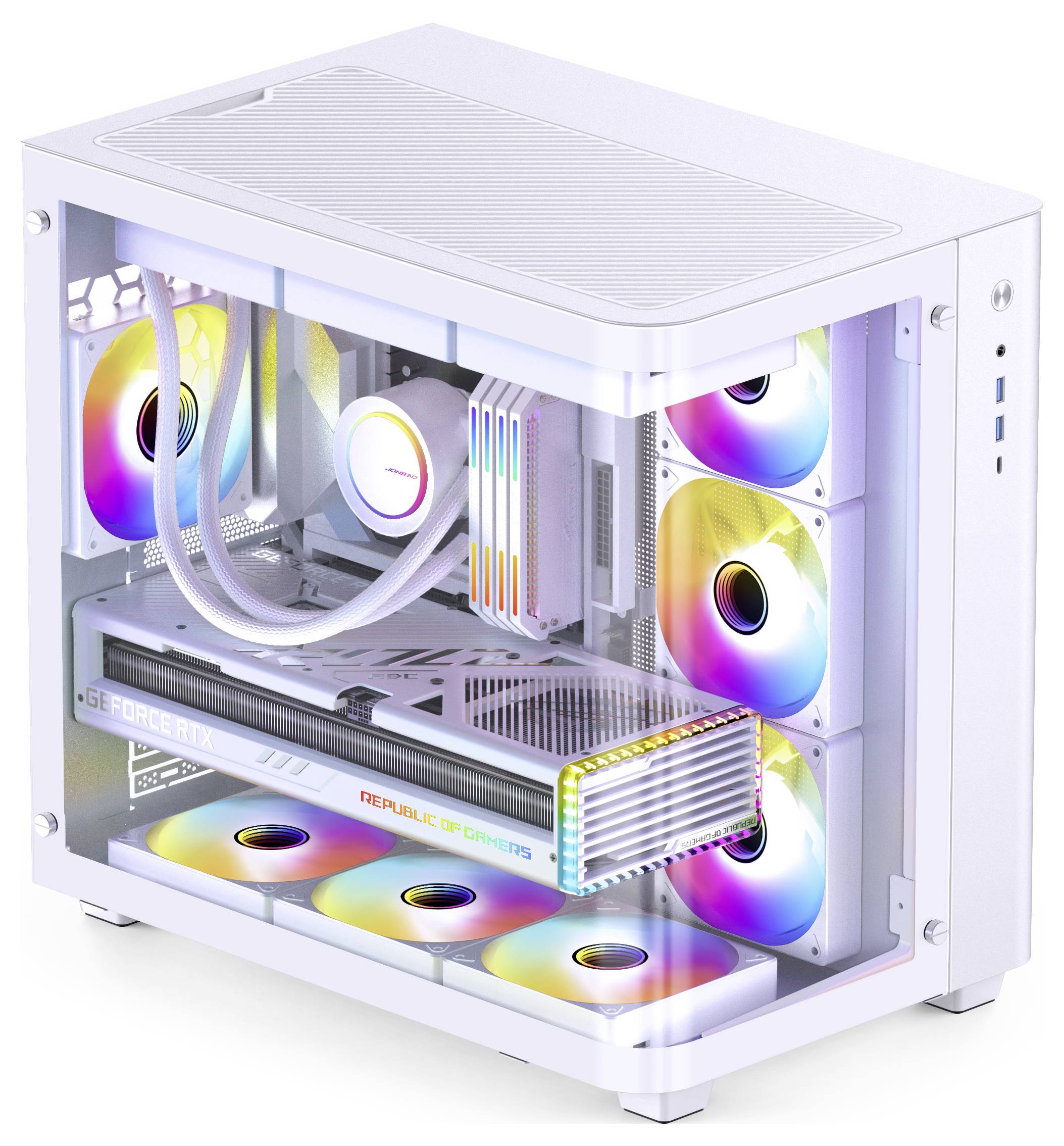 En hvid gaming-pc med RGB-belyste blæsere og et grafikkort. Flere LED-elementer er synlige inde i kabinettet.