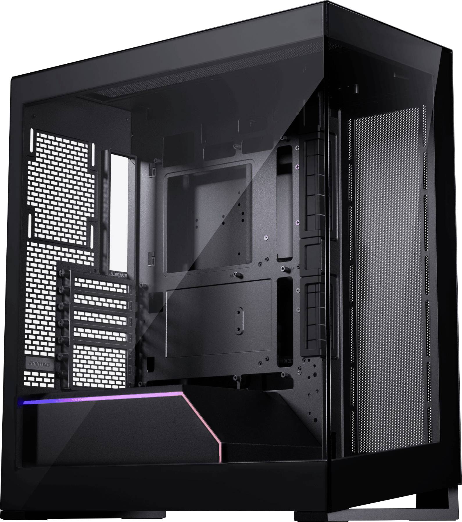 Sort PC-kabinet med glasside og RGB-elementer, åbent og tomt, giver plads til bundkort, harddiske og andre komponenter.