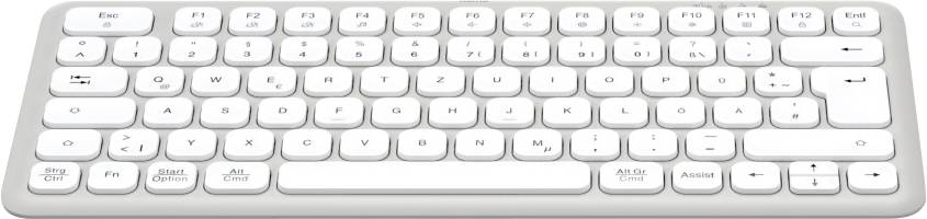 Hvid computertastatur med kompakt design, uden numerisk tastatur. Indeholder funktionstaster, piletaster og typiske bogstav- og talltaster.