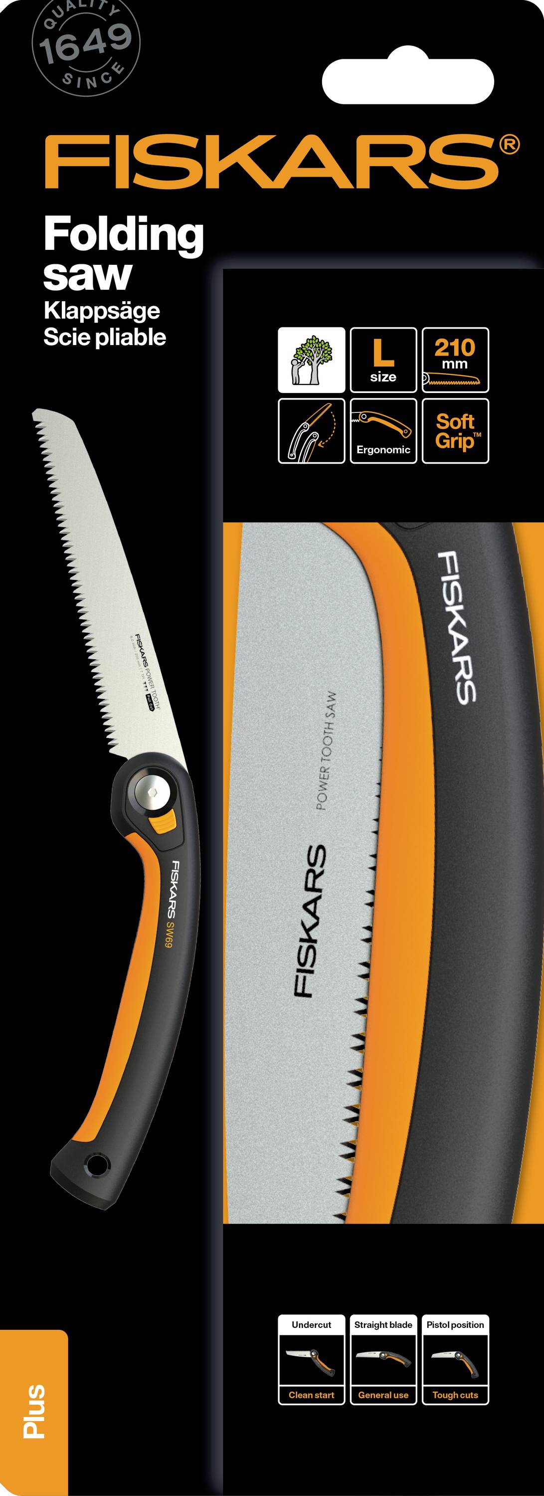 'FISKARS Foldbar sav L, 210 mm, Blødt greb, til friskt træ. Illustrationen viser saven med sort og orange greb.'