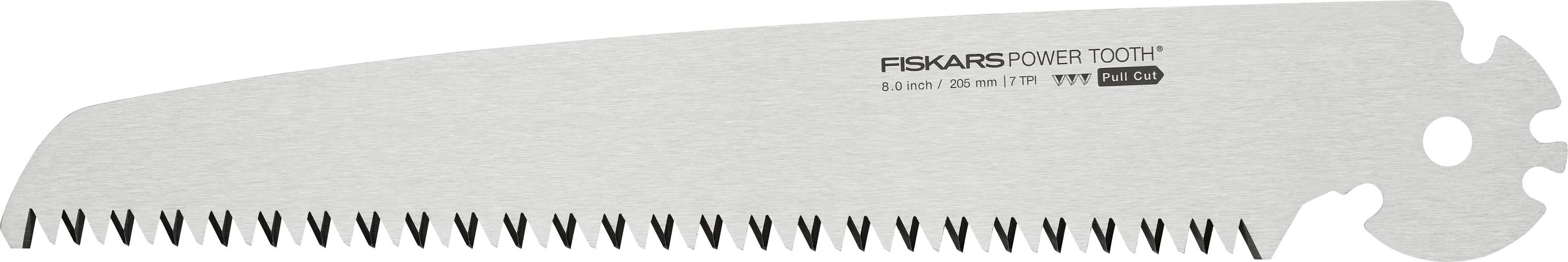 Billedet viser et erstatningssavklinge fra mærket 'Fiskars Power Tooth' med en skarp fortanding.