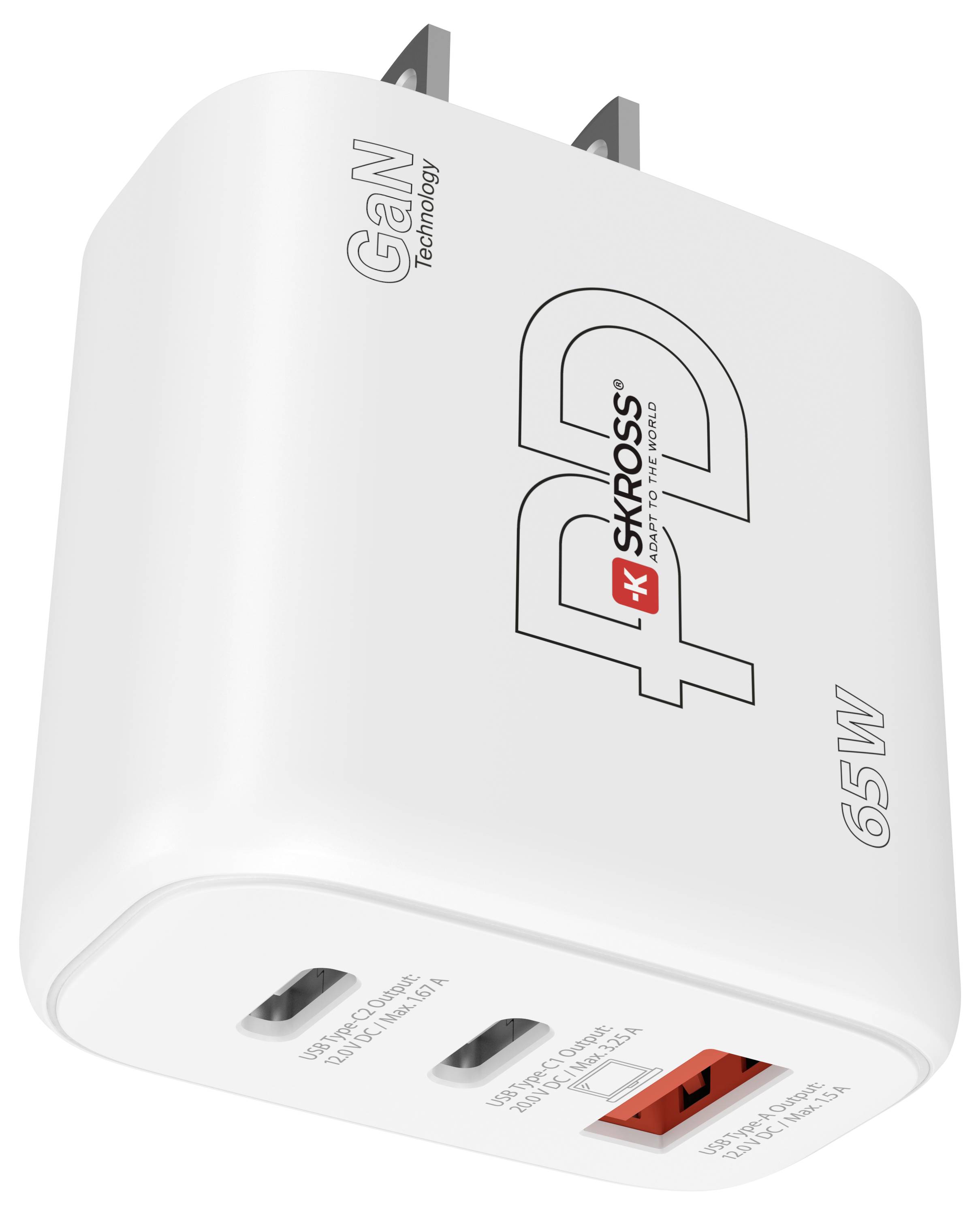 Et hvidt USB-oplader med to porte, mærket 'PD 65W', egnet til hurtig opladning. Mærke 'Skross'.