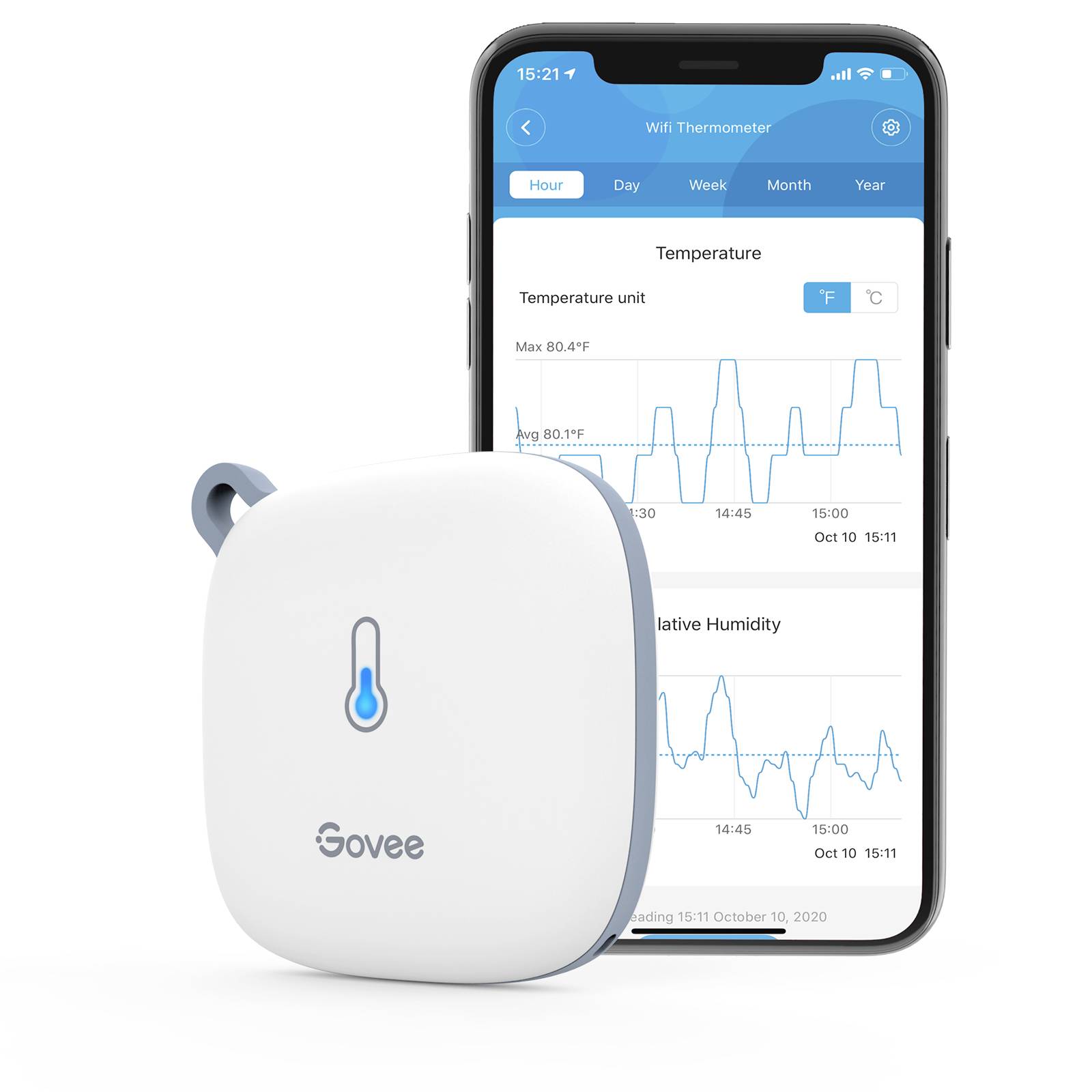 Digitalt termometer ved siden af smartphone, viser temperatur- og luftfugtighedsforløb. App-skærm med diagrammer og maksimalværdi.