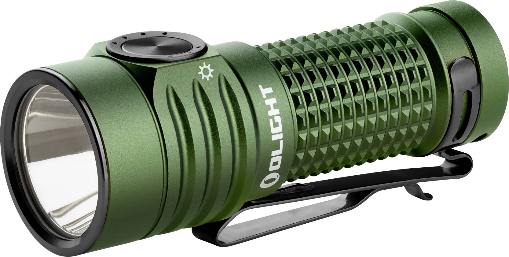 Grøn LED-lommelygte med clip og struktureret greb. Brandnavn 'OLIGHT' på siden.