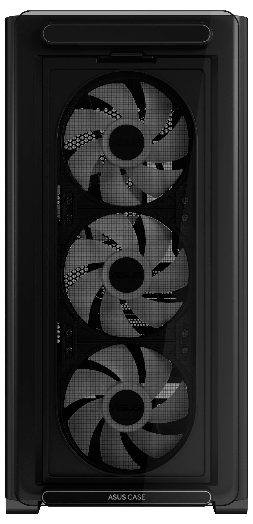Sort computerkabinet med tre synlige ventilatorer på forsiden, mærket 'ASUS', designet til effektiv køling.