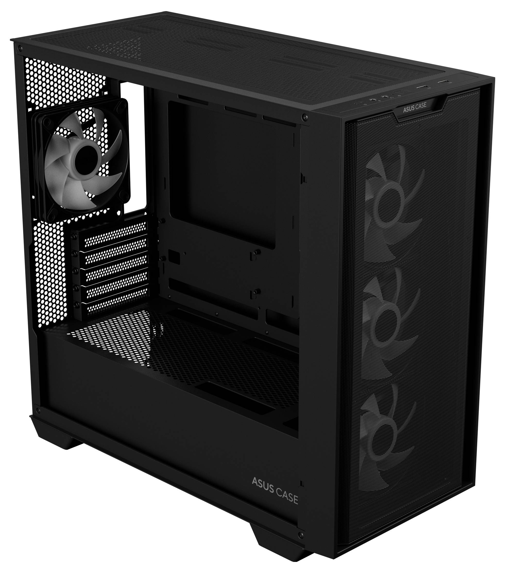 Sort computerkabinet med fire indbyggede ventilatorer. For- og bagside har ventilatorer til køling. Kabinettet er tomt.