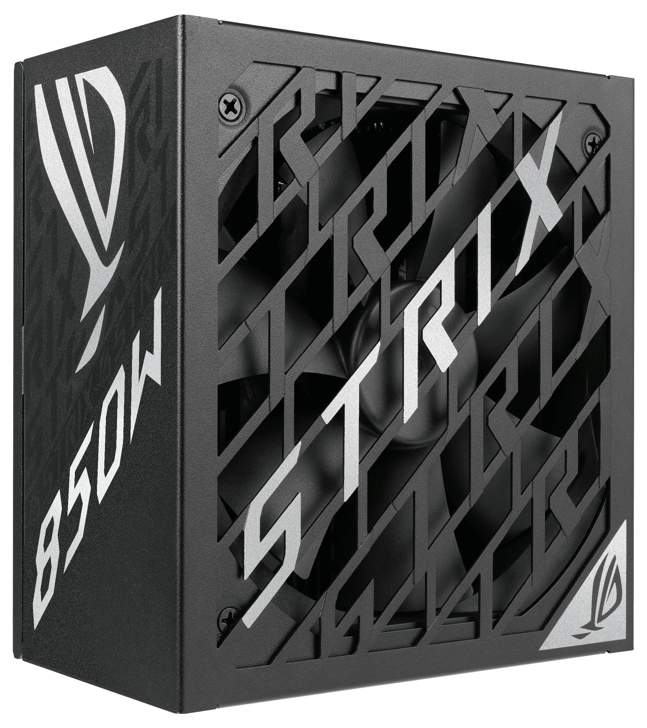 Et sort strømforsyningsaggregat med påskriften 'STRIX' og en effekt på 850W, mærket med en stiliseret logo.