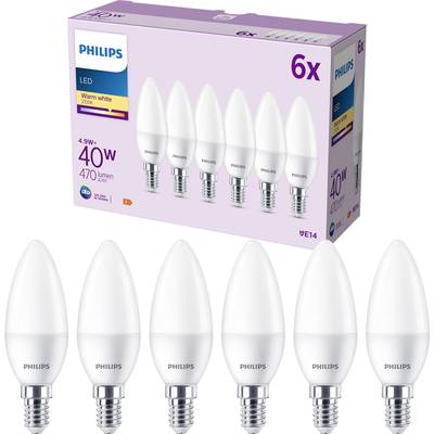 Seks Philips LED-pærer i stearinlysform med E14-fatning, 4,9W, 470 lumen, varm hvid, vist i emballage.