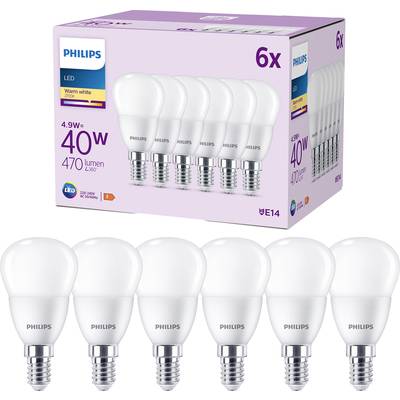 Seks Philips LED-pærer, 40 W, E14-sokkel, varmt hvidt lys, 470 lumen. Emballagen bagpå viser samme detaljer og antal pærer.
