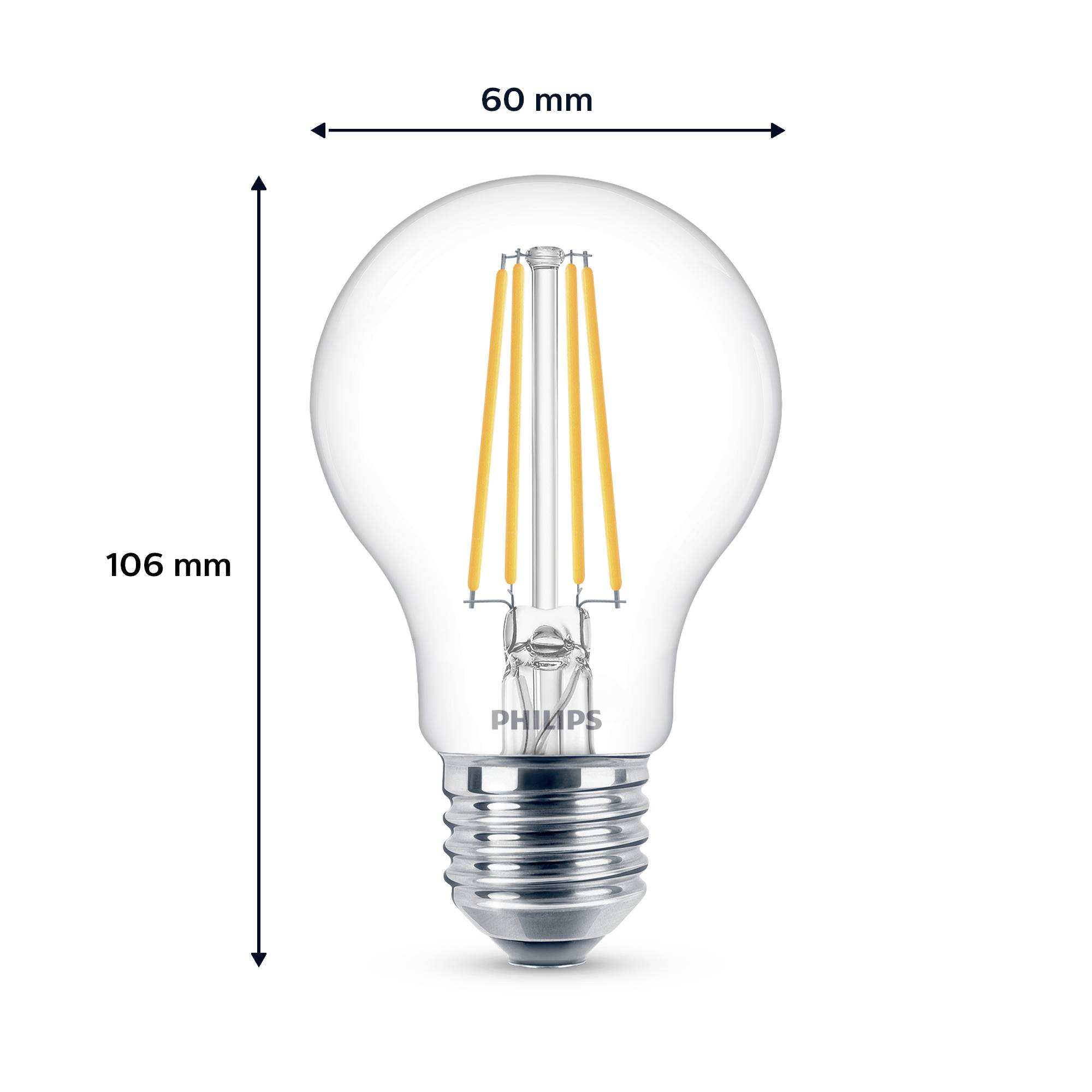 Philips LED-pære. Mål: 60 mm bred, 106 mm høj. Filament synligt, egnet til almen belysning.