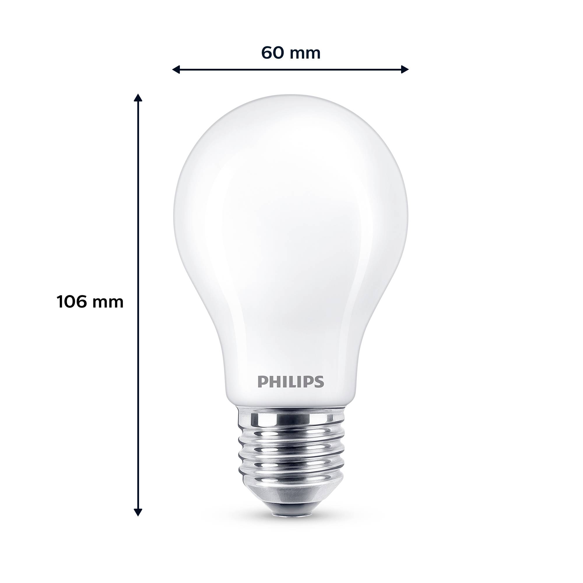 Philips-pære med E27-sokkel. Mål: 106 mm højde, 60 mm diameter. Hvid pære, egnet til standardlamper.