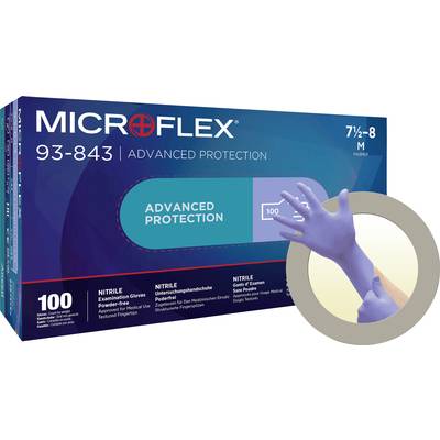 'Microflex 93-843' nitrilhandsker, puderfri, afprøvet, str.: M, 100 stk., i blå emballage. Hovedbillede viser blå handske.