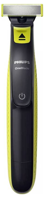 Elektrisk barbermaskine i gul og sort, mærket 'Philips OneBlade', med justerbar klinge til præcis trimning.