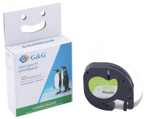 Emballage til et G&G-skriftbånd med et billede af pingviner og et smilende ansigt ved siden af en sort plastik-trykpatron.