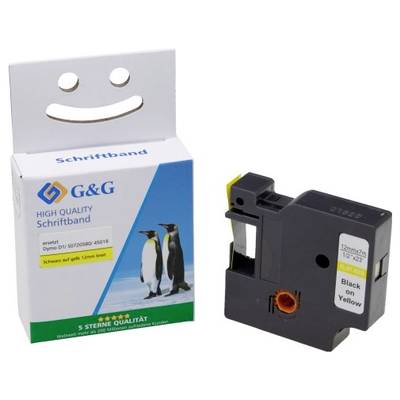 G&G labelrulle med tre pingviner, erstatter Dymo 45010, sort på gul, ved siden af en kassetteholder.