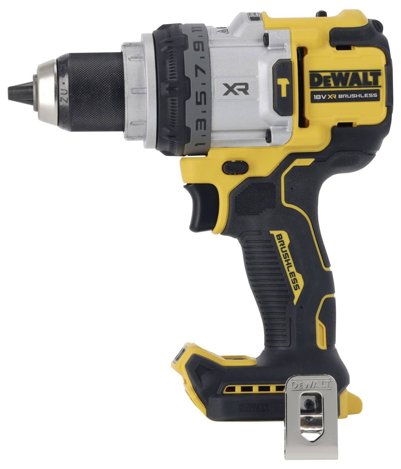 DeWalt 18V XR Børsteløs Akku-skruemaskine med sort-gult design, kompakt konstruktion og robust hus, ideel til byggearbejde.