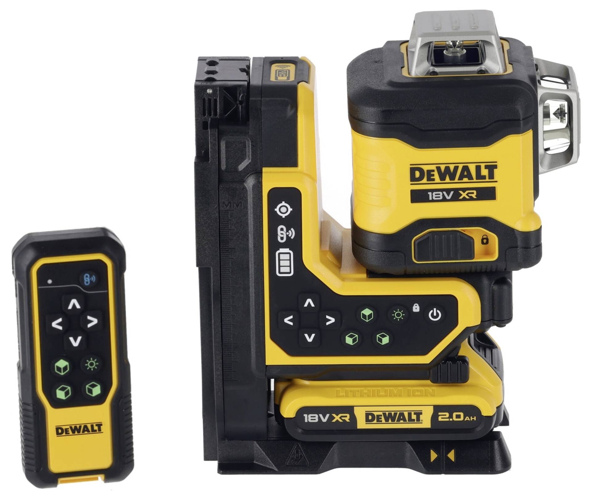 Laser-nivelleringsudstyr fra DeWalt med kontrolenhed. Hovedenhed i sort og gul med forskellige betjeningselementer og logo.