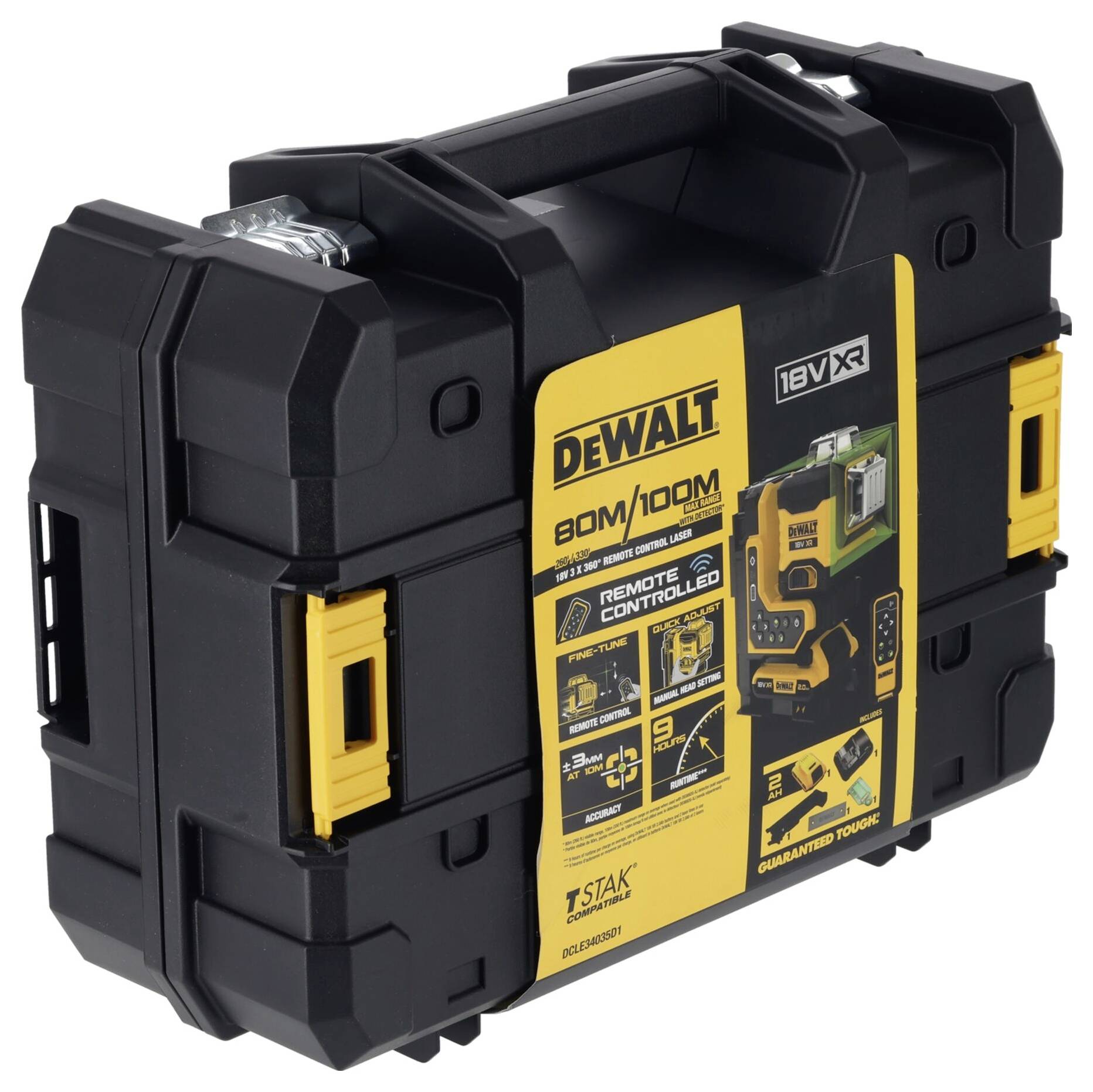 Sort værktøjskasse fra DeWalt med gule detaljer, viser billede af en afstandsmåler og teksten 'Fjernbetjening'. Egnet til 80/100 m.
