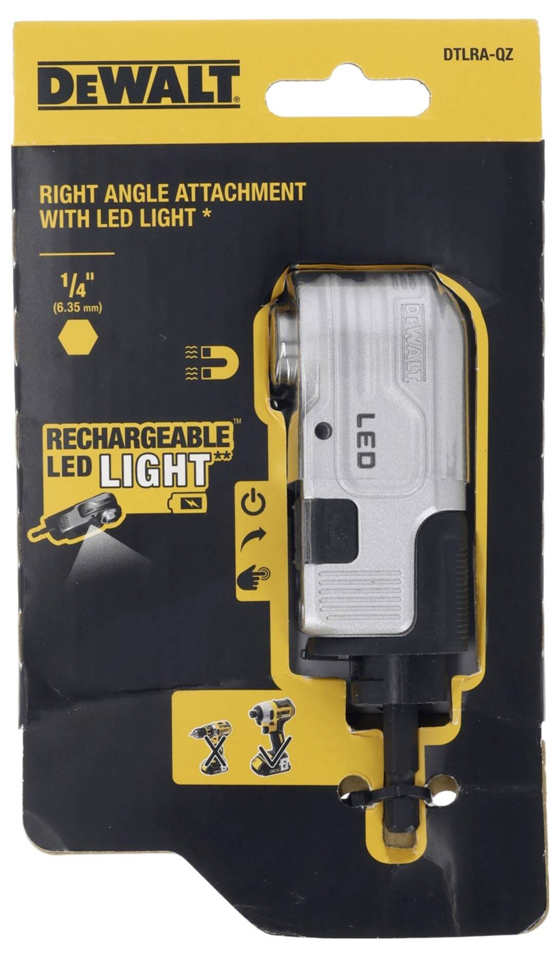Emballage til en DeWALT vinkelbøjningsadapter med LED-lys. Indeholder symboler for funktioner: genopladeligt LED-lys, kompatibilitet med 1/4" bits.