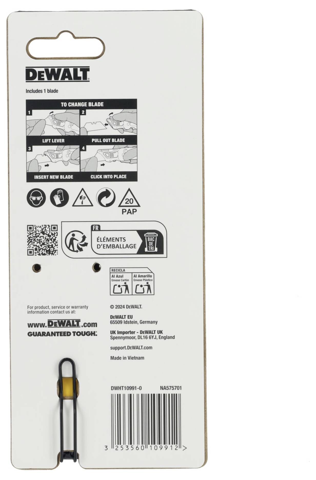 Emballage til en DeWalt-klinge med monteringsvejledning og QR-kode. Indeholder sikkerhedsanvisninger og genanvendelsesinformation.
