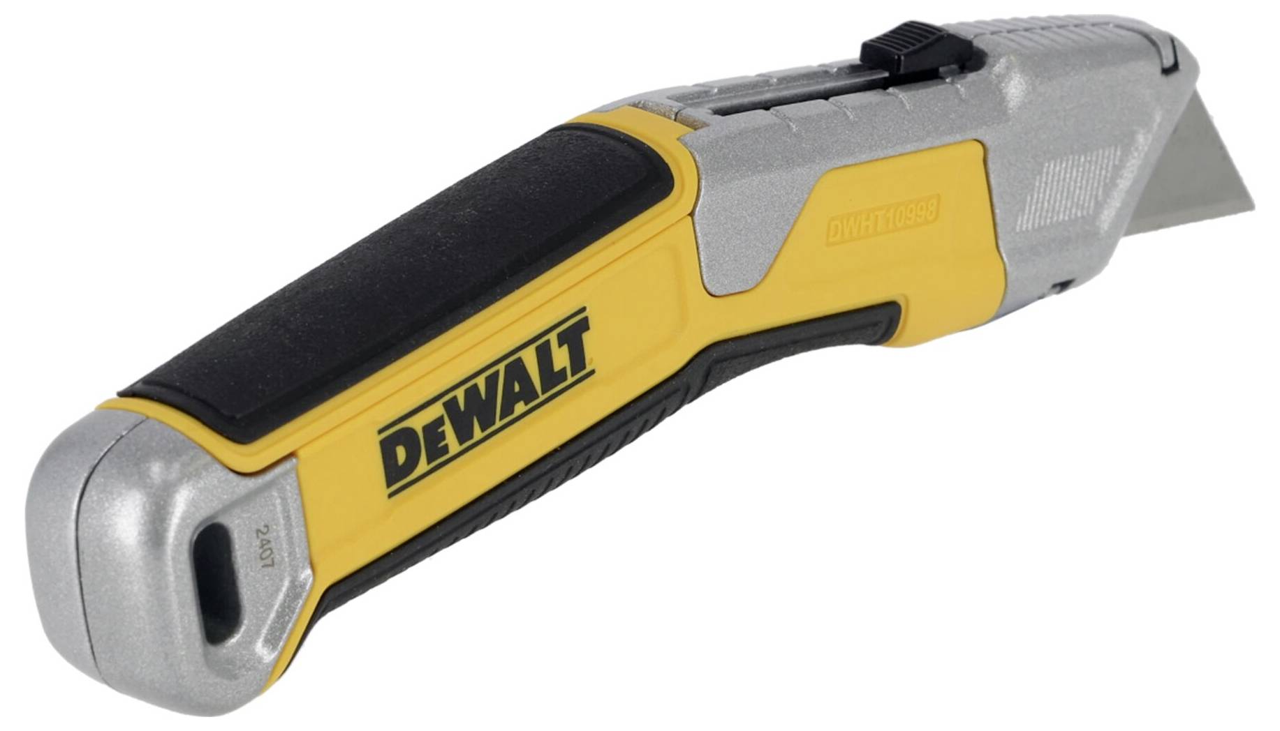 DeWalt-hobbykniv i gul og sort, ligger på skrå med fuld visning af greb og klinge, ergonomisk design til præcis skæring.