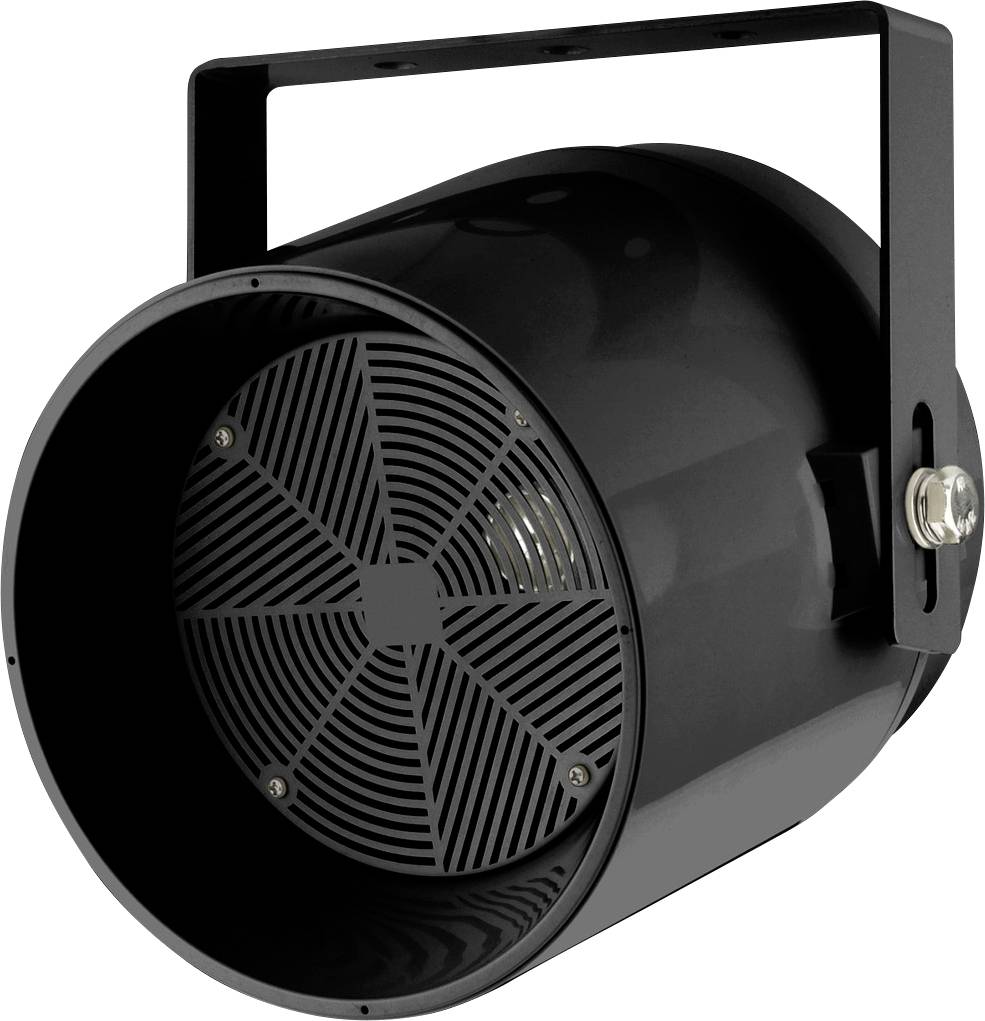 En sort højtaler med metalbeslag, velegnet til loftsmontering i store rum eller på arrangementssteder.