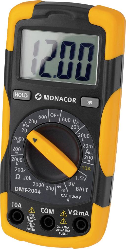 Digitalt multimeter med gul-sort kabinet, viser 12:00 på displayet. Drejelig vælger til valg af forskellige måleområder.