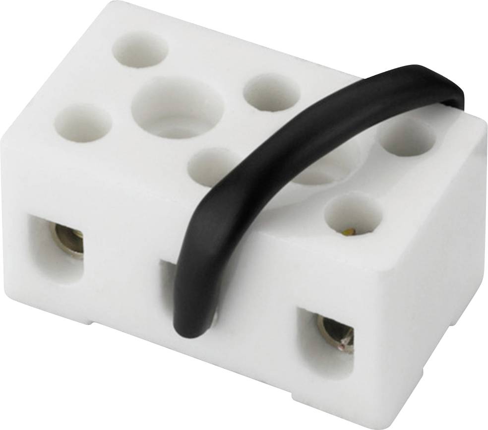 En hvid, rektangulær adapterblok med flere runde stikbøsninger og et sort, buet kabel, der løber øverst.