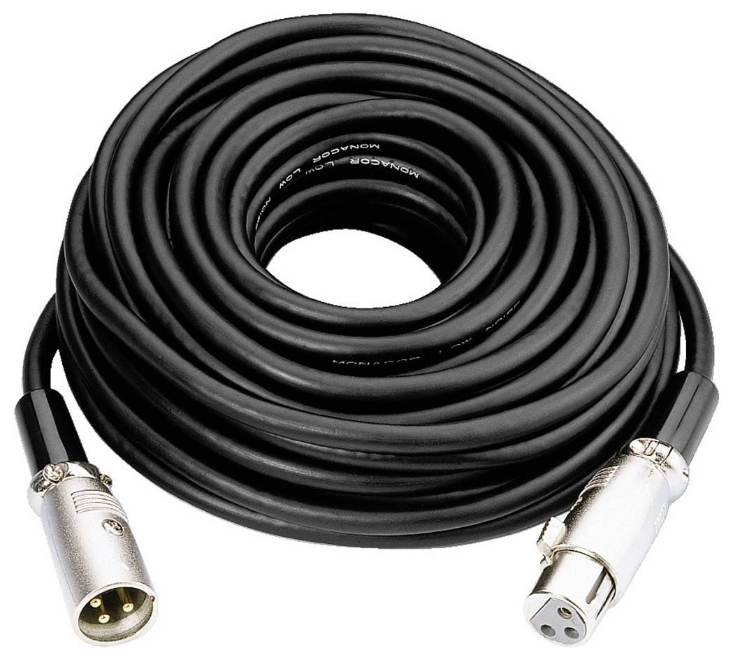 Et oprullet XLR-kabel med to stik, ét han- og ét hunstik, typisk brugt til lydtilslutninger.