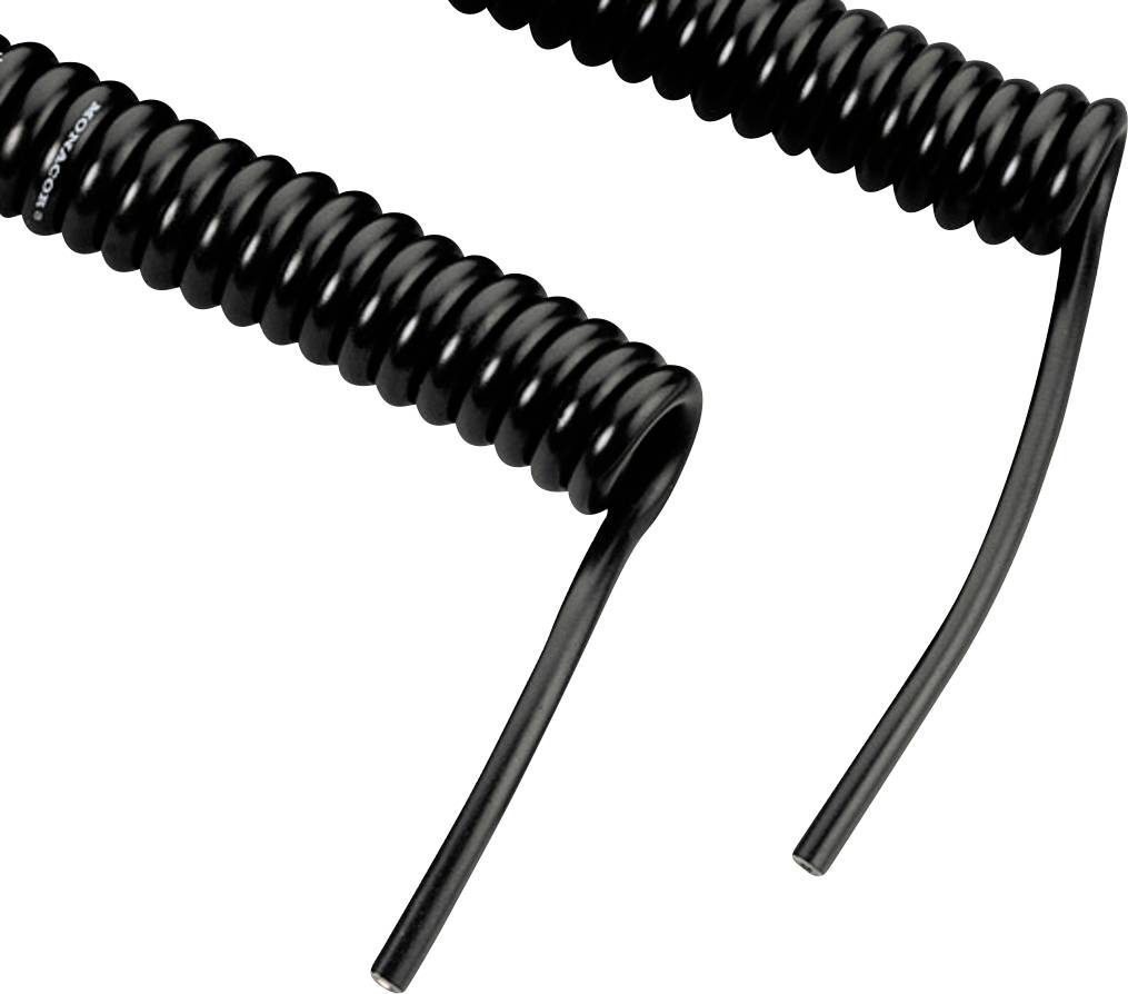 To msorte kabler med åbne ender, egnede til elektriske forbindelser eller forlængelser.