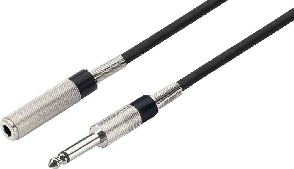 Et sort audiokabel med et stort jackstik og et stik. Begge ender er forsynet med metalhuse.