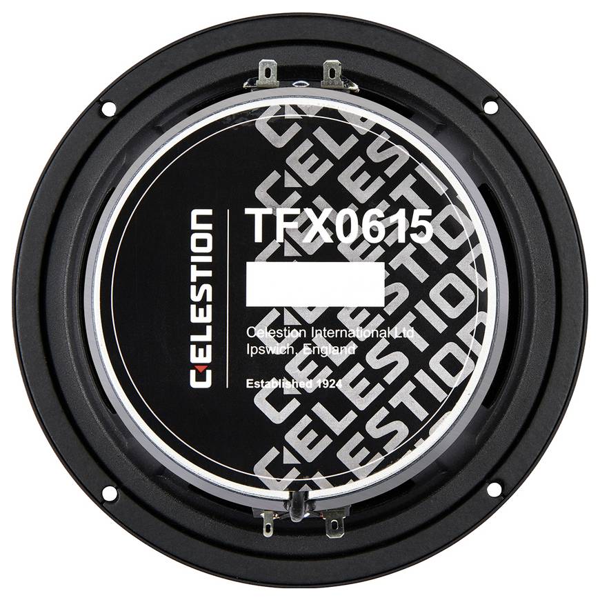 Højttalerens bagside med påskriften 'Celestion TFX0615', fremstillet i Ipswich, England. Model- og producentoplysninger synlige.