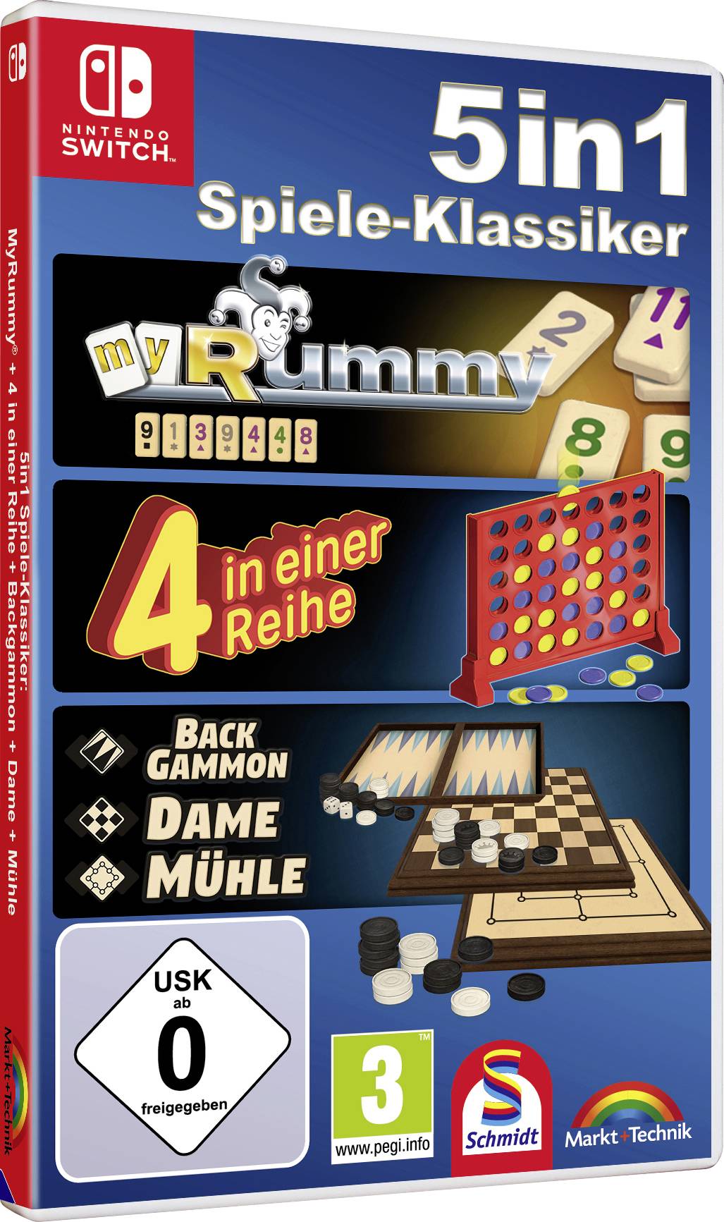 Forsidebillede af en Nintendo Switch-spillesamling med fem klassiske spil, herunder Min Rummy, 4 på stribe og Damspil. Aldersgrænse: 0.