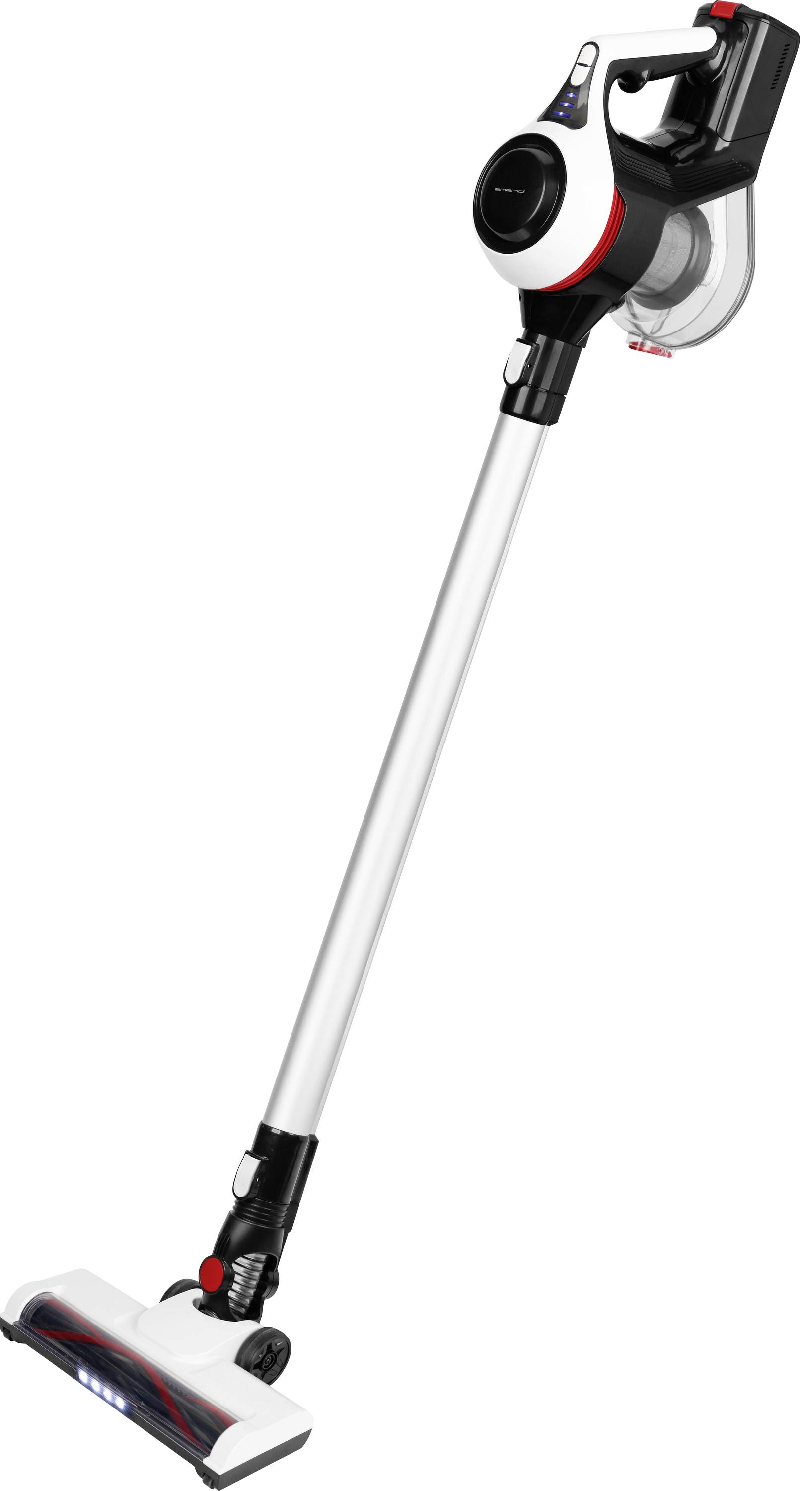 En trådløs støvsuger med slankt design, hvid og sort farvesammensætning og integreret LED-lys ved mundstykket.