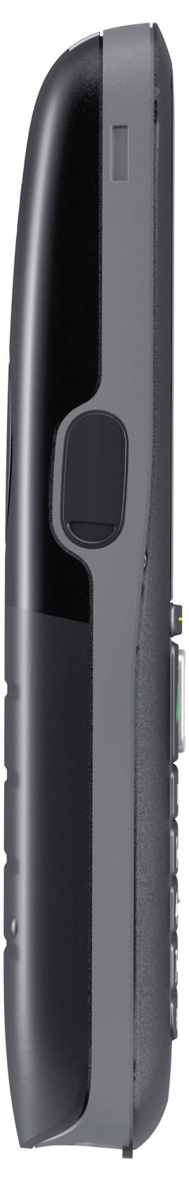 Sidevisning af en moderne, slank mobiltelefon med afrundede kanter og en knap på siden.