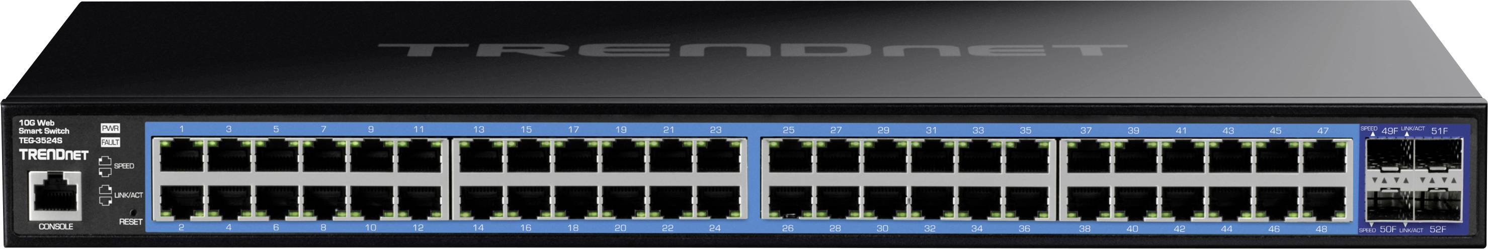 En 52-ports Gigabit-switch fra TRENDnet med 48 Gigabit Ethernet-porte og 4 SFP+-stik til avanceret netværkstilslutning.