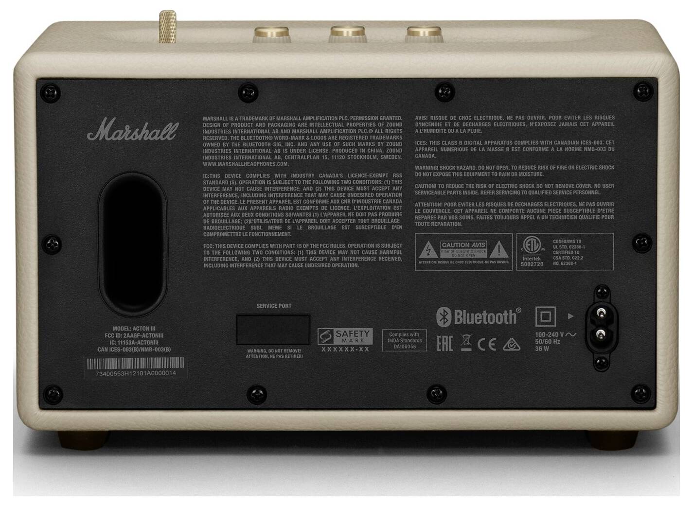 Bagsiden af en højtaler med tilslutninger og påskrift 'Marshall', sikkerheds- og advarselsmeddelelser samt Bluetooth-logo.