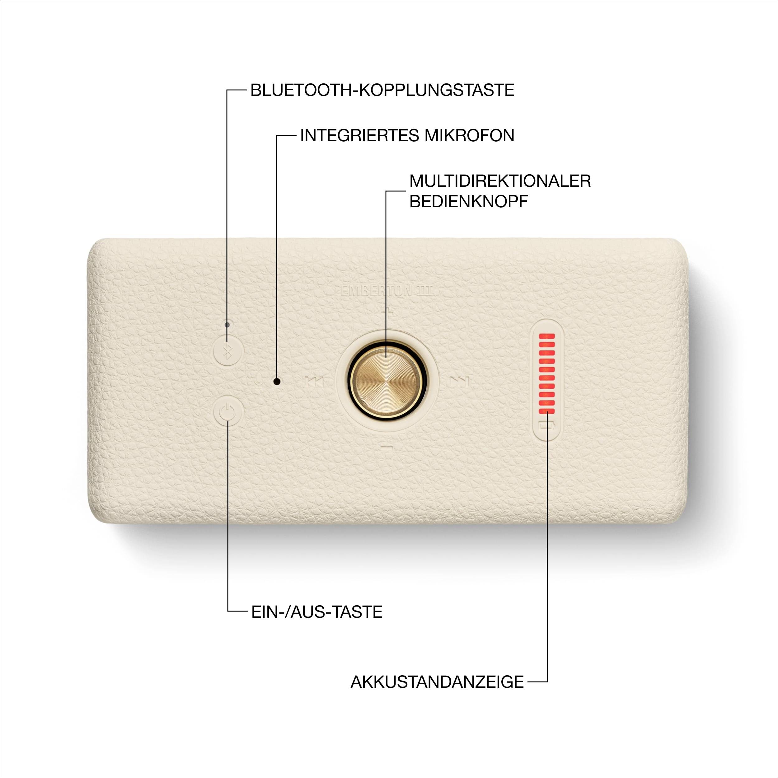 Betjeningspanel til en enhed: Bluetooth-parringstast, integreret mikrofon, multidirektionel betjeningsknap, tænd-/sluk-knap, batteriniveauindikator.