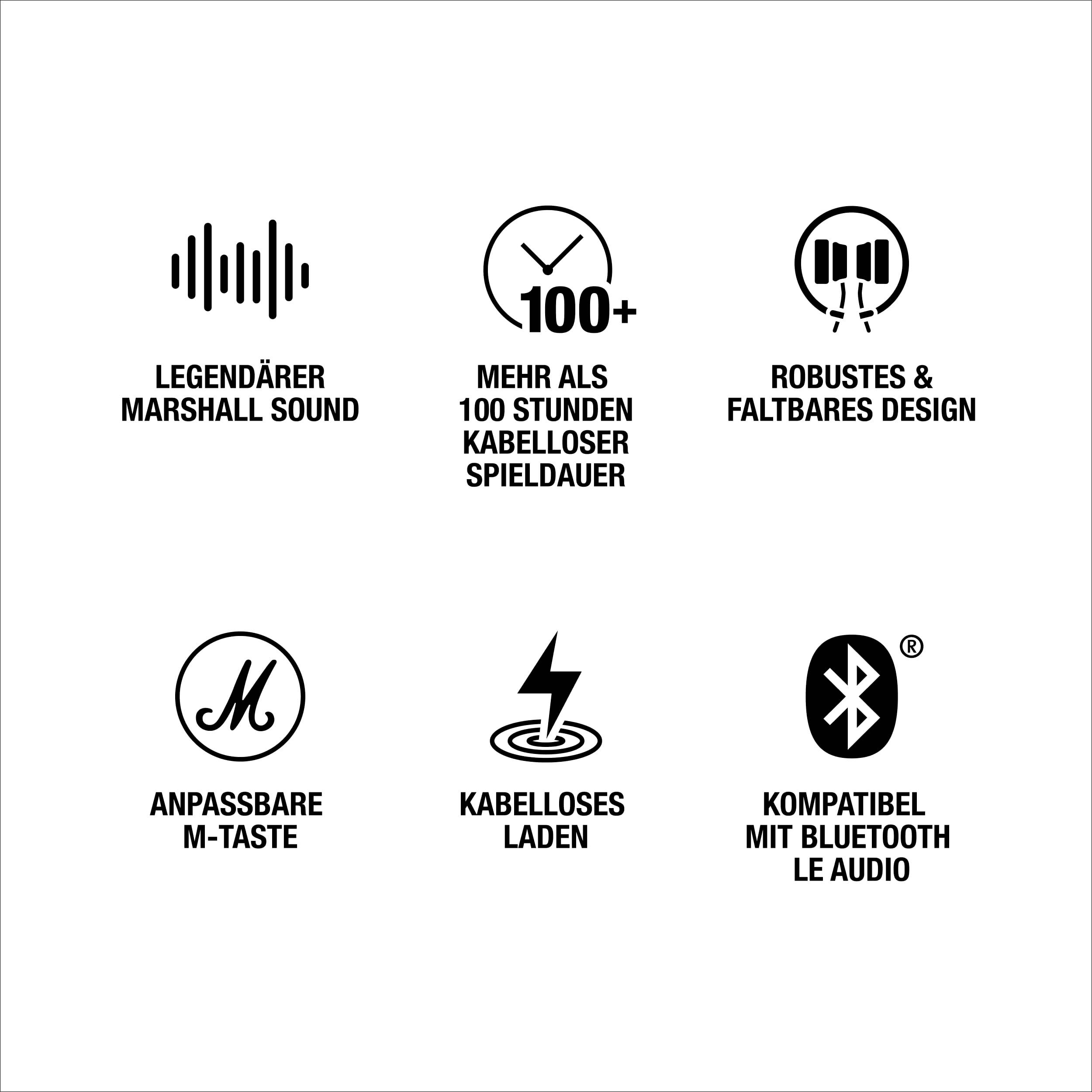 Seks symboler med beskrivelser: 'Legendarisk Marshall-lyd', 'Mere end 100 timers trådløs spilletid', 'Robust & foldbart design', 'Justerbar M-tast', 'Trådløs opladning', 'Kompatibel med Bluetooth LE Audio'.
