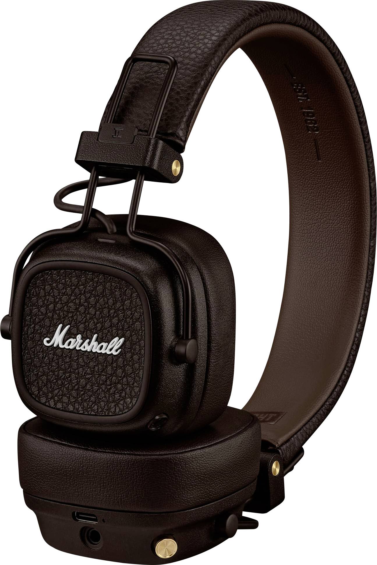Brune over-ear høretelefoner med 'Marshall' logoet trykt på den ydre ørekop.