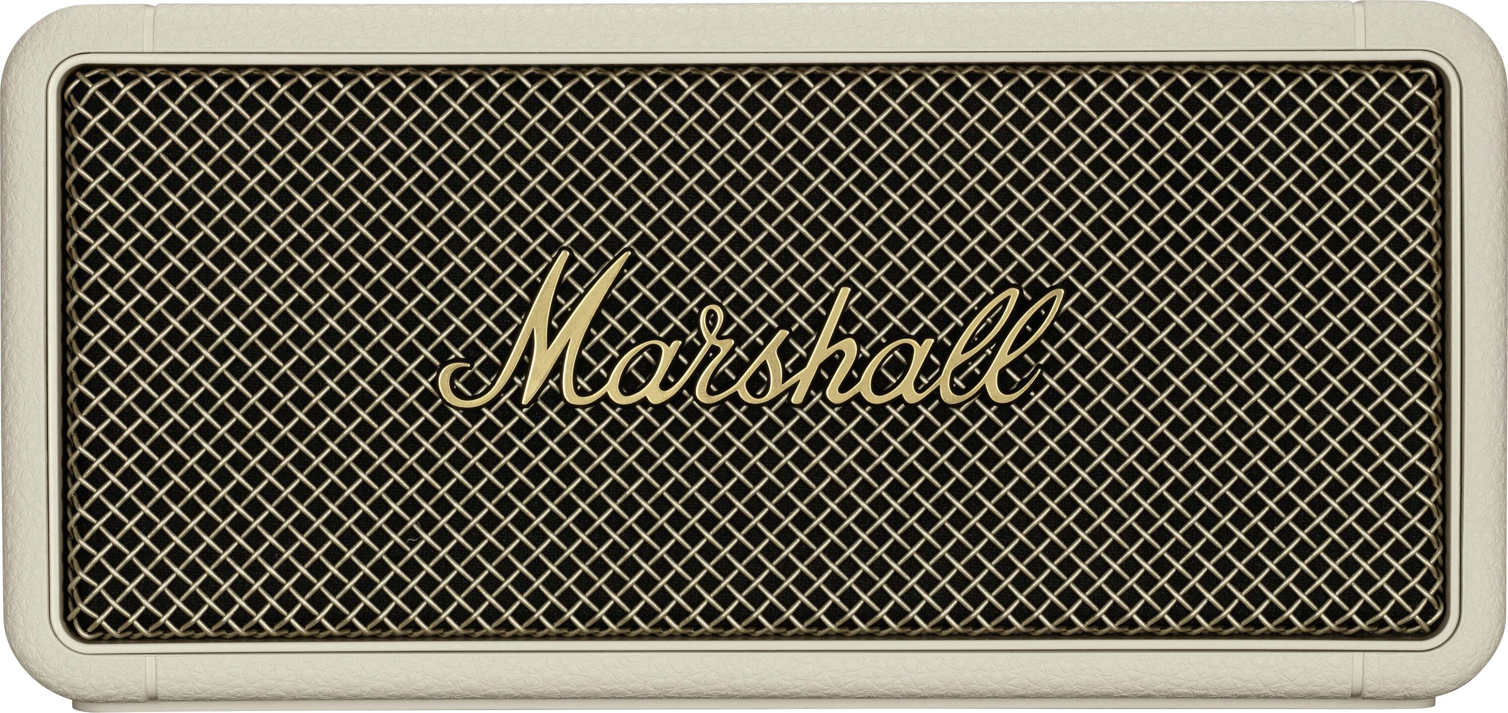 En bærbar højtaler med et brunt kabinet og et guldfarvet gitter, hvor 'Marshall'-logoet er synligt i midten.