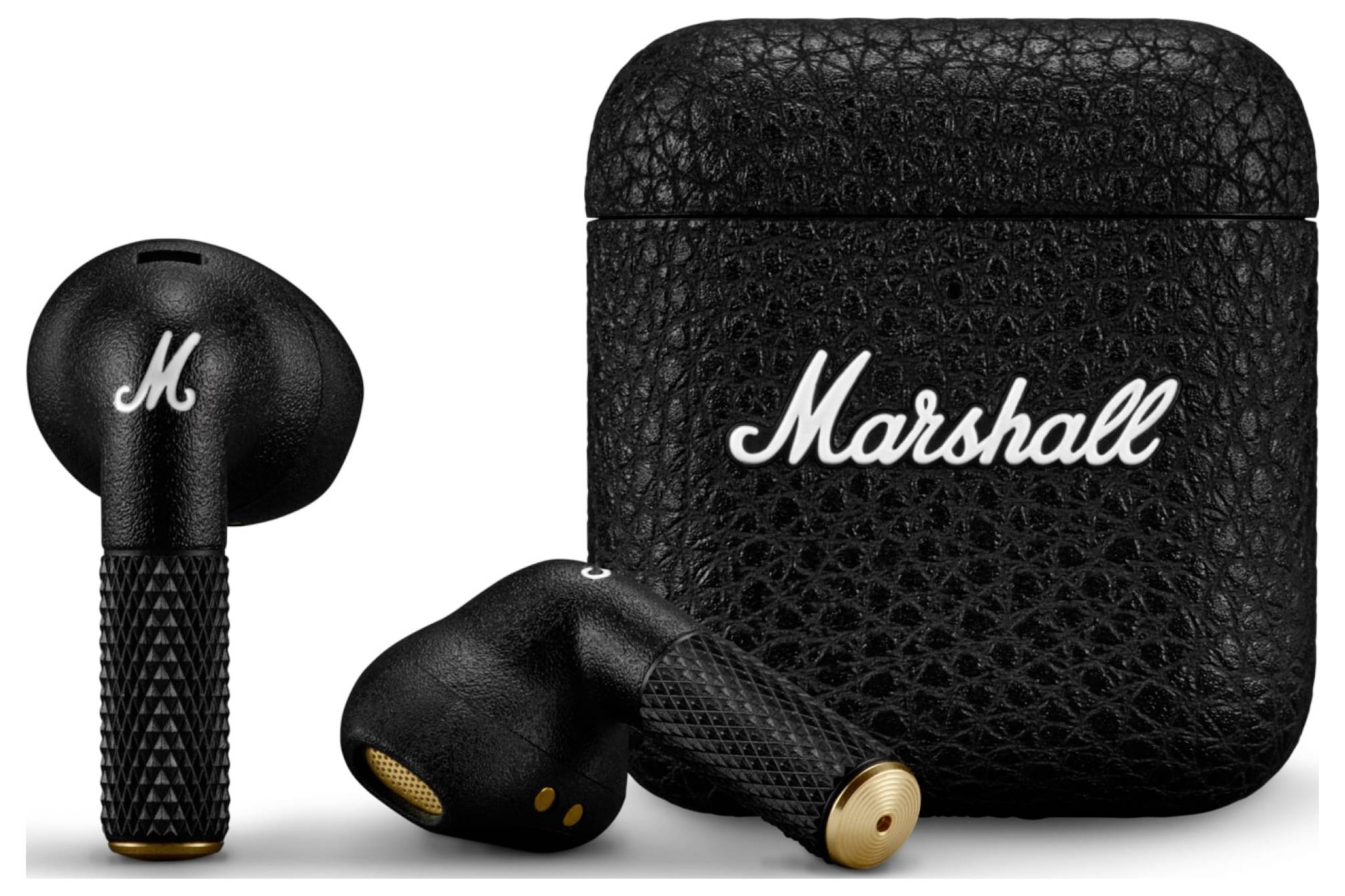 Sorte trådløse øretelefoner og etui med Marshall-logo, struktureret design, gyldne accenter. Moderne, elegant lydtilbehør.