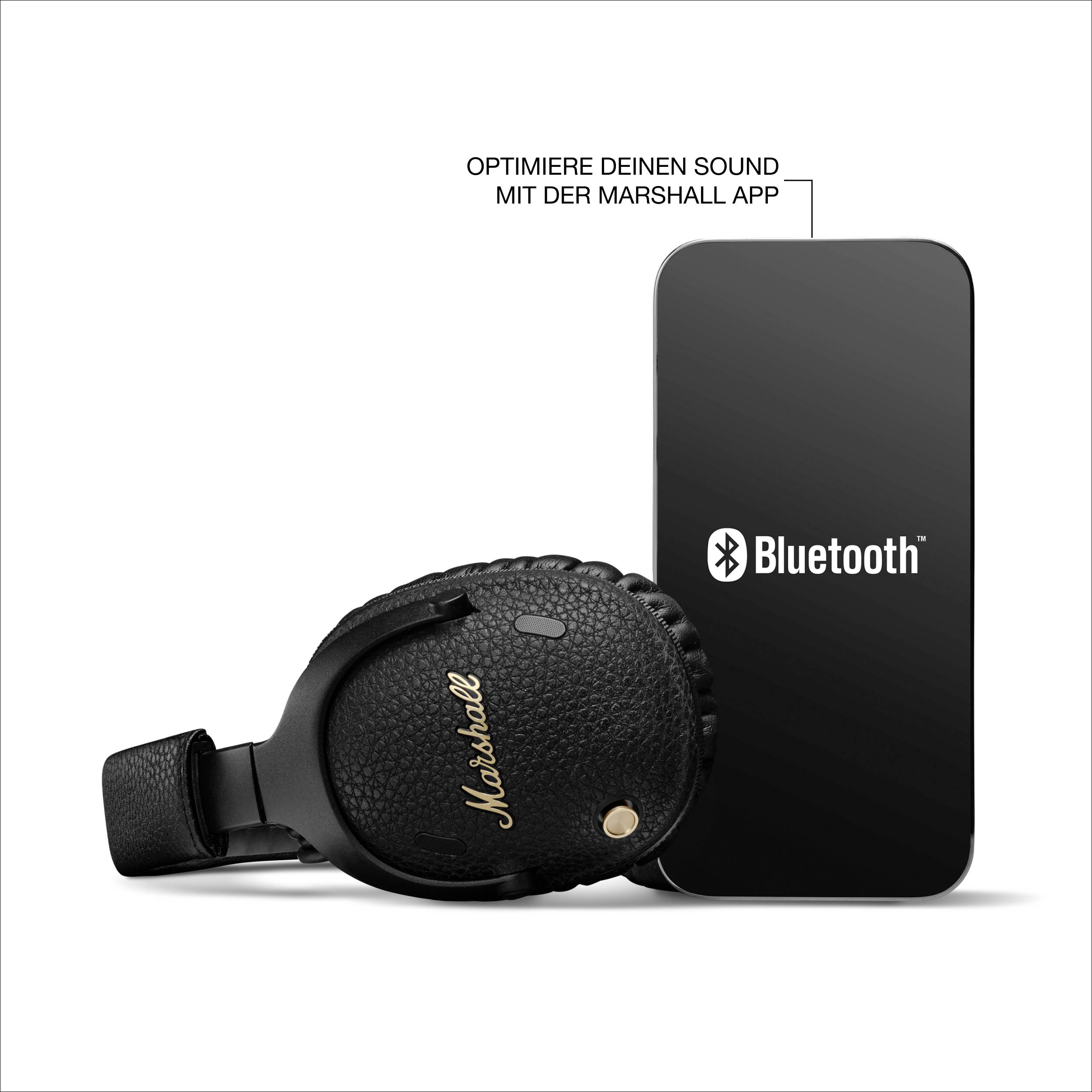 Sorte Marshall-hovedtelefoner med en sort rektangulær æske. Tekst: 'Optimer din lyd med Marshall-appen'.