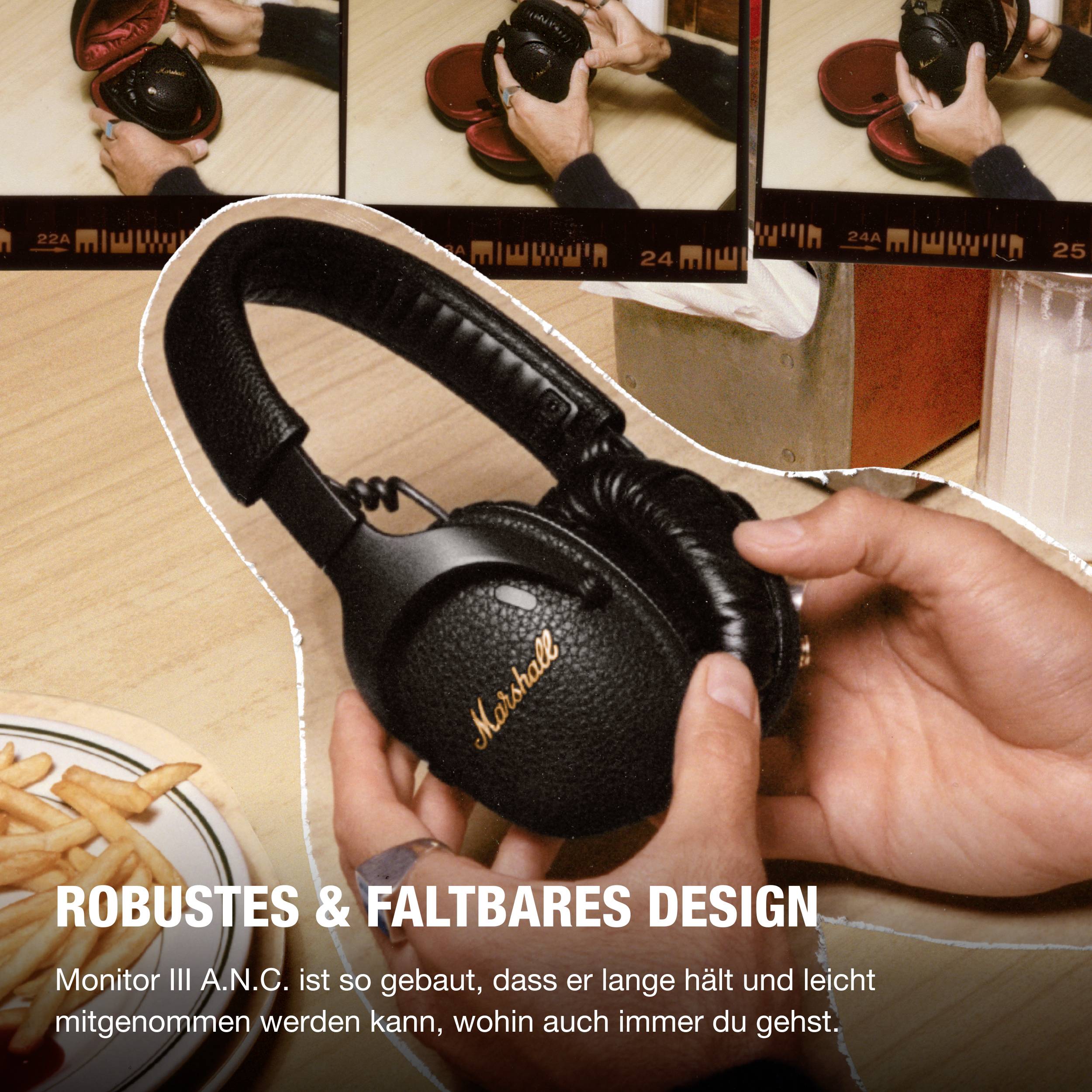 To hænder holder sorte hovedtelefoner med 'Marshall'-logoet. Overskrift: 'Robust & foldbart design'. Tekst: "Monitor II A.N.C. er designet til altid at være ved hånden." Der ses pommes frites på et bord.